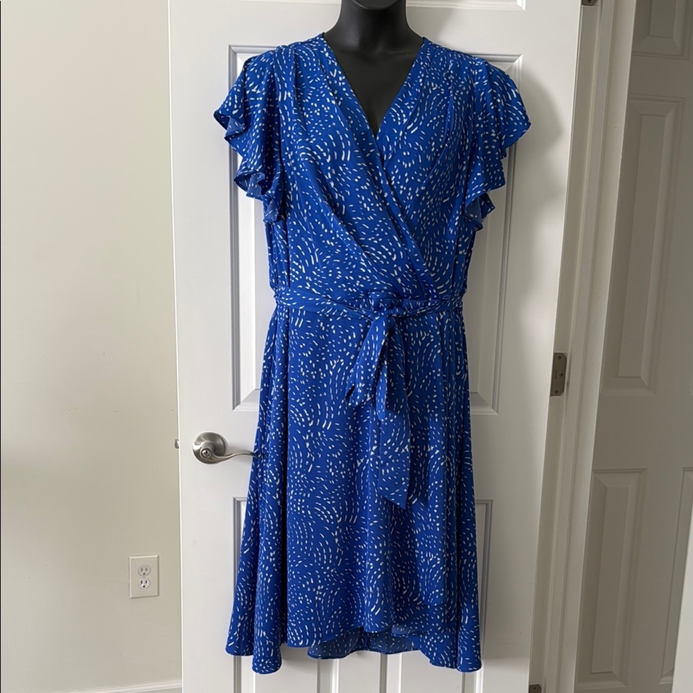DKNY Blue Wrap Dress with Ruffle Sleeves